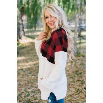 Black Fuzzy Pullover with Plaid Detail Green Red